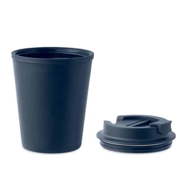 Dubbelwandige gerecyclede PP koffiebeker 300 ml TRIDUS donkerblauw open