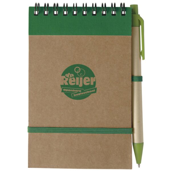 Kartonnen (A6) notitieboekje met balpen SONORA groen logo