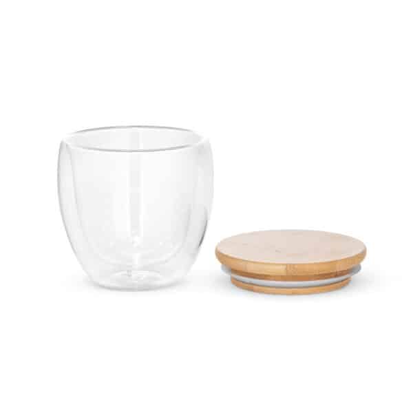Dubbelwandig borosilicaat glas 250 ml met bamboe deksel TIRANA SMALL transparant open