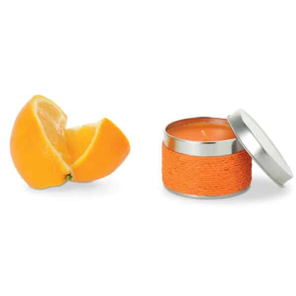 Geurkaars in decoratief blikje DELICIOUS oranje (sinaasappel)