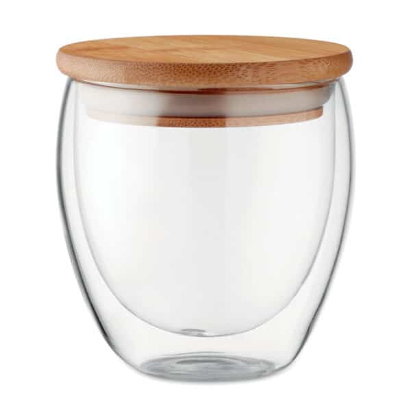 Dubbelwandig borosilicaat glas 250 ml met bamboe deksel TIRANA SMALL transparant