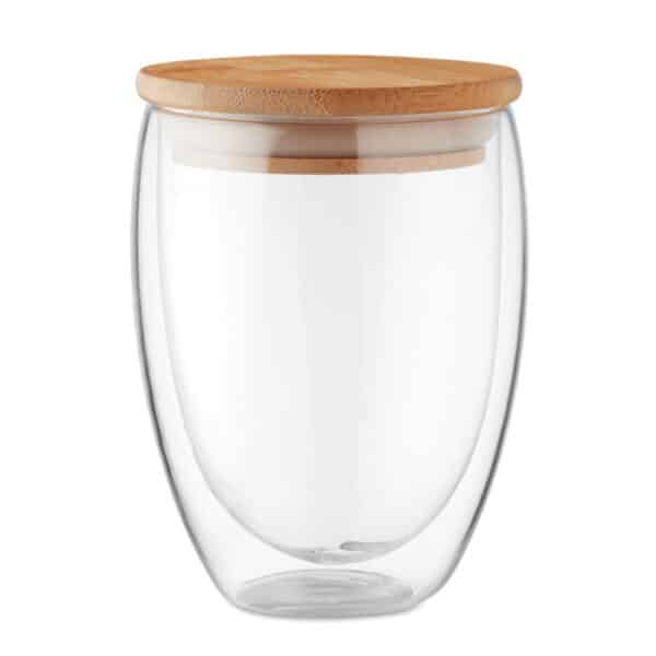 Dubbelwandig borosilicaat glas 250 ml met bamboe deksel TIRANA MEDIUM transparant