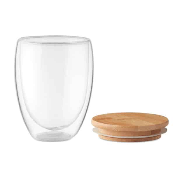 Dubbelwandig borosilicaat glas 250 ml met bamboe deksel TIRANA MEDIUM transparant open