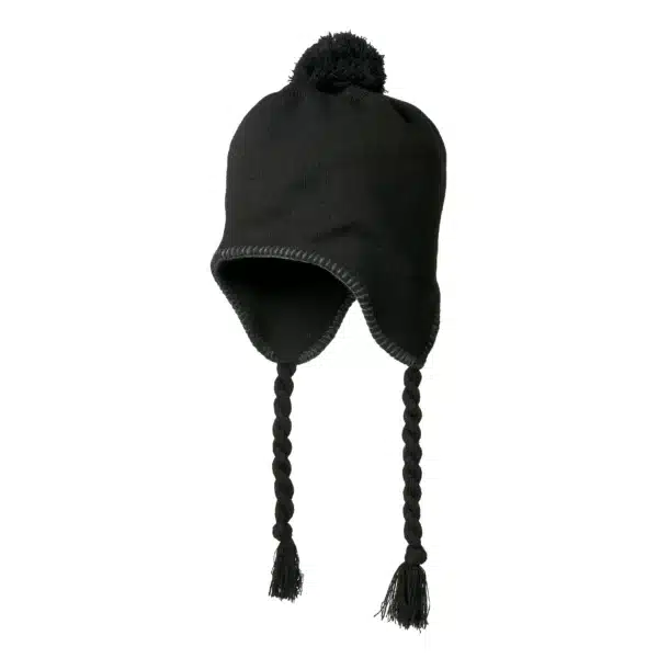 Kingcap pomponmuts met oorflappen en gevlochten touwtjes aan de zijkanten zwart/antraciet