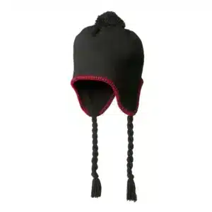 Kingcap pomponmuts met oorflappen en gevlochten touwtjes aan de zijkanten zwart/rood