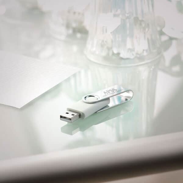 ABS kunststof USB stick 16 GB capaciteit met metalen draaimechanisme Twister wit print