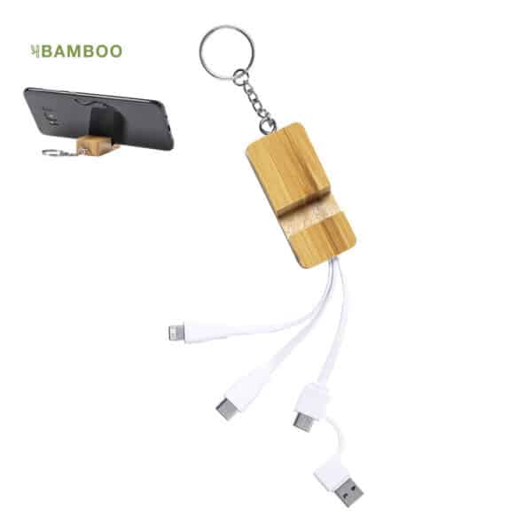 Bamboe sleutelhanger met oplaadkabels en smartphonehouder DRUSEK naturel 3